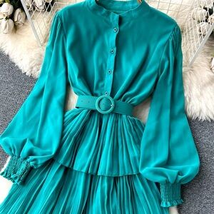 Vintage Women Ruffle Party Long Dress Spring Autumn Elegant Stand Collar Lantern